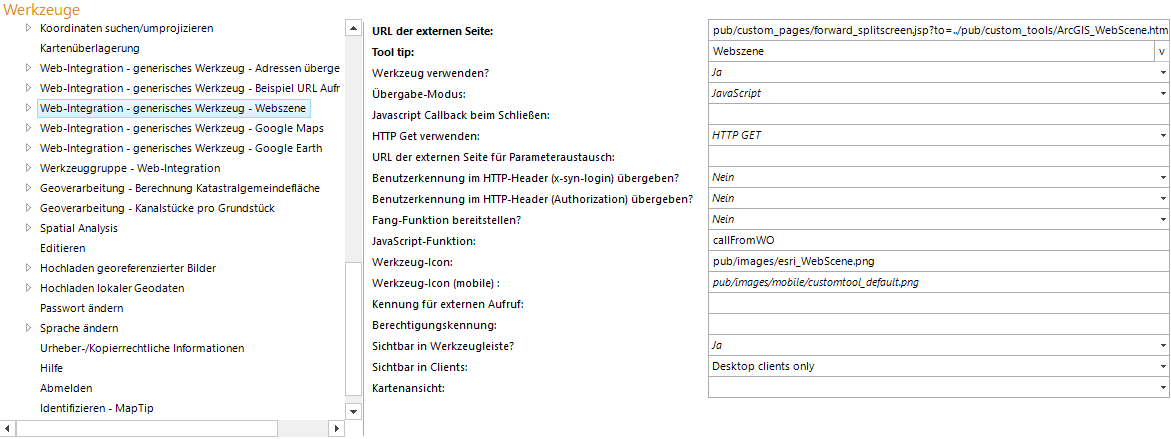 Konfiguration eines generischen Werkzeuges für Webszene