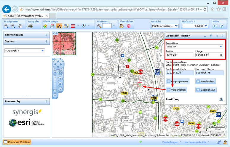 Suche nach und Pannen auf eine Position durch Eingabe der Koordinaten im WebOffice html Client