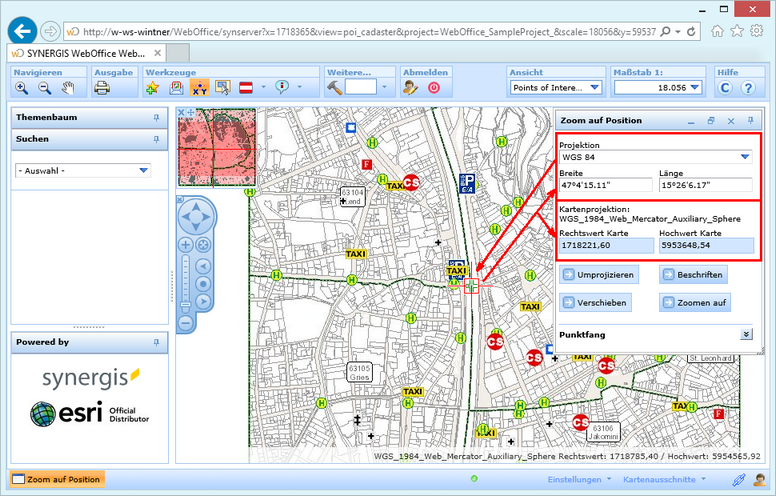 Koordinaten im WebOffice html Client mit einem Klick in die Karte aufnehmen und umprojizieren