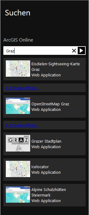 Darstellung von Suchergebnissen in der Suche der Projektauswahlseite