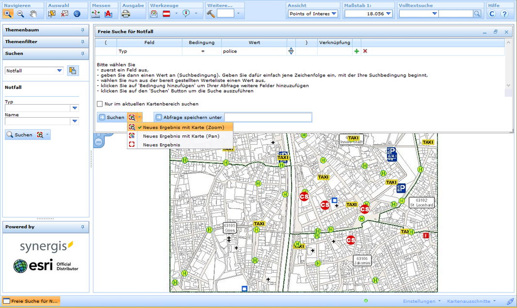Auswahl aus einer der vier Suchtypen im Abfragegenerator des WebOffice html Clients