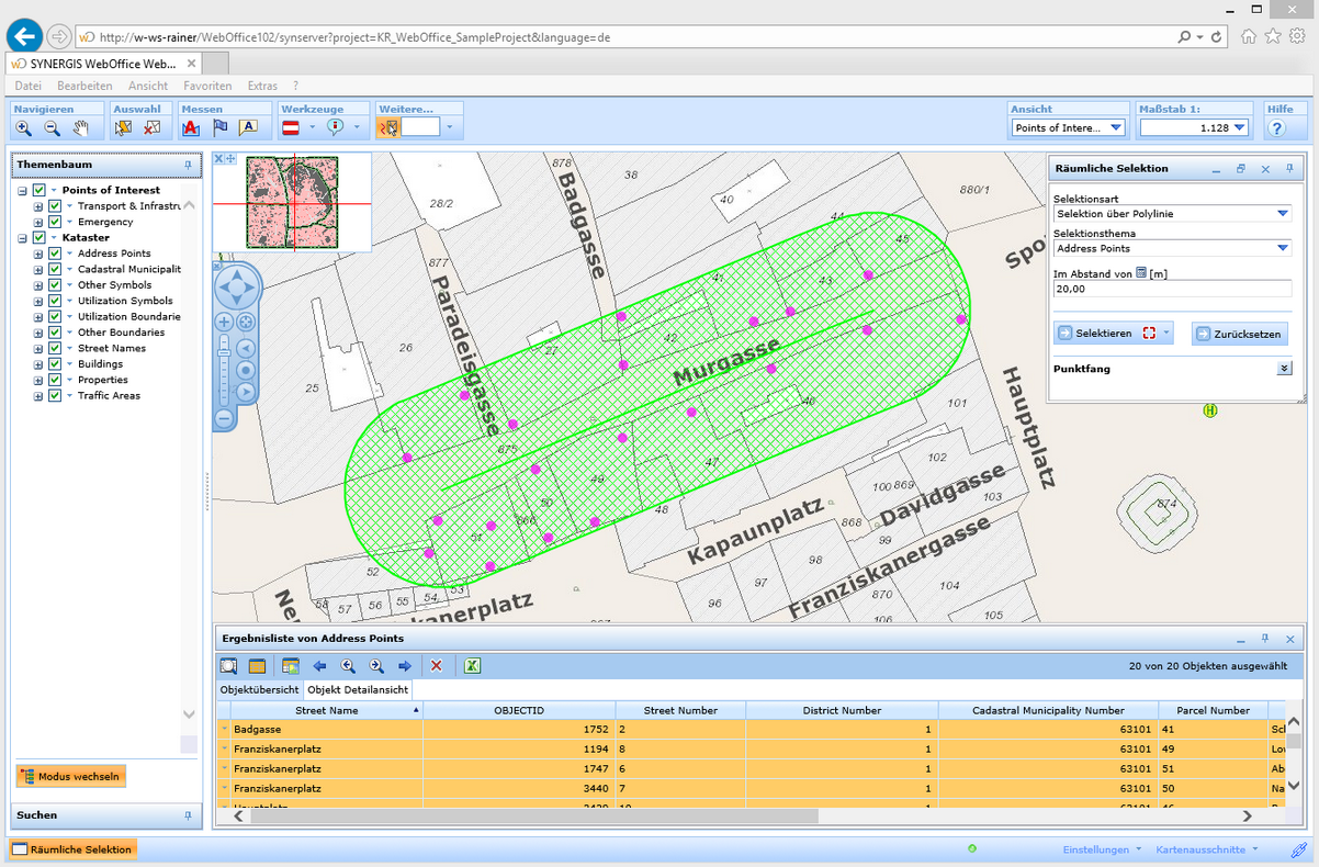 Auswahl von Objekten mit einer Polylinie und Pufferdistanz im WebOffice html client