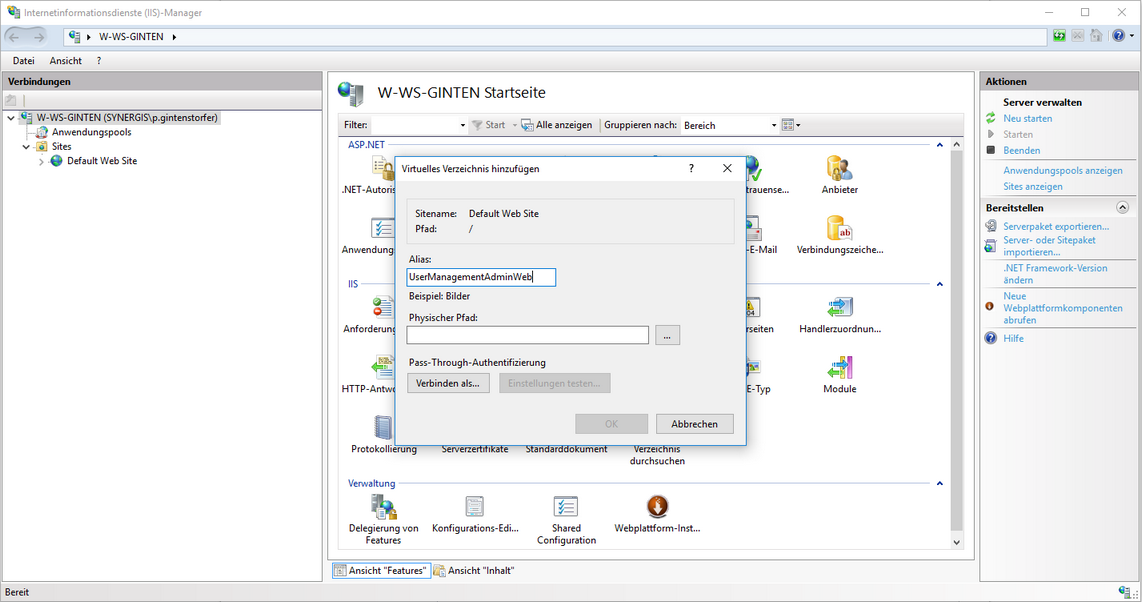 Einen Alias für das virtuelle Verzeichnis setzen