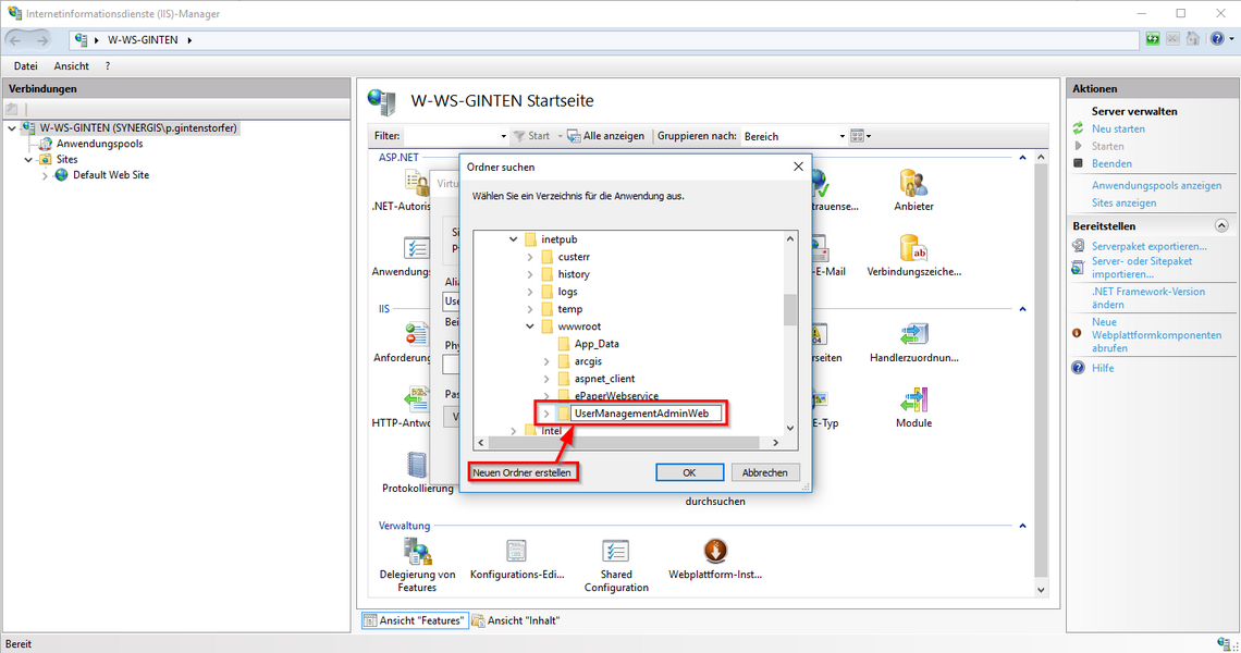 Verzeichnis zu den UserManagementAdminWeb Daten festlegen