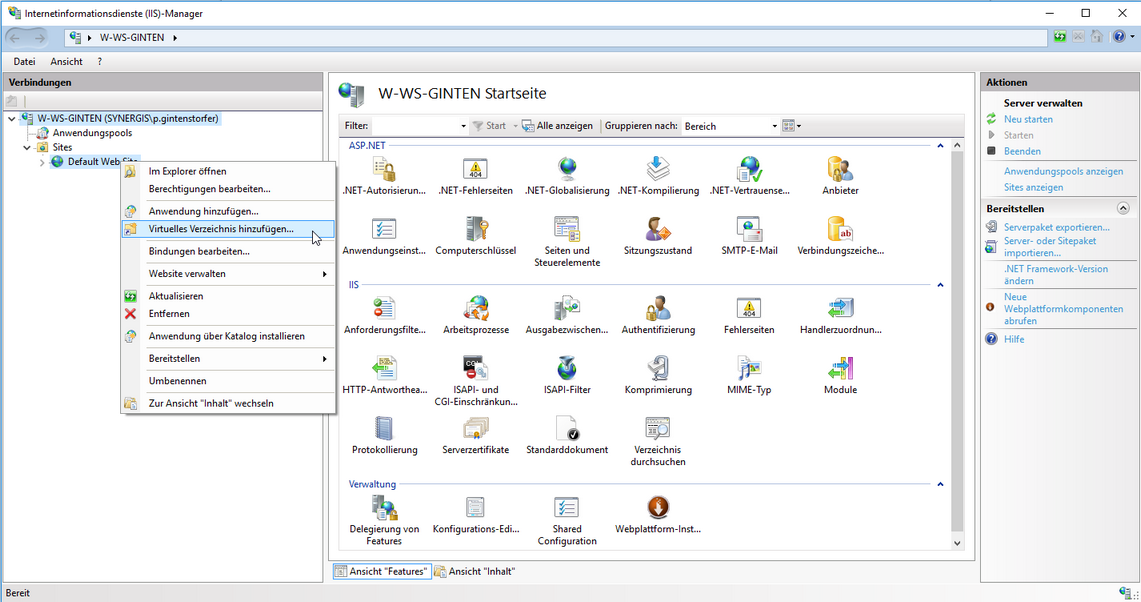 Erstellen eines virtuellen Verzeichnisses mit dem Namen "UserManagementAdminWeb"