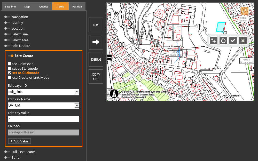 WebOffice map widget Testcontainer - Create über Clickmode