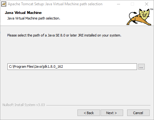 Apache Tomcat Setup - Pfad muss auf die installierte JDK verweisen
