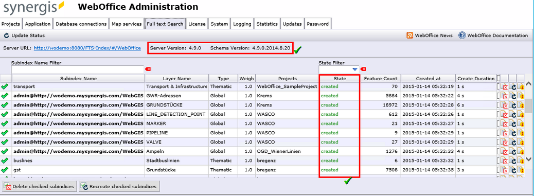 Reiter "Volltextsuche" im SynAdmin - Kommunikation zwischen FTS-Index und WebOffice ist vorhanden, Subindizes erfolgreich erstellt
