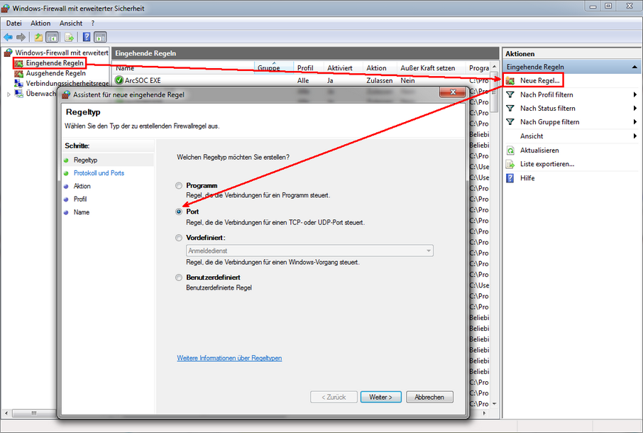 Windows Firewall mit erweiterter Sicherheit - Erstellen einer neuen eingehenden Regel