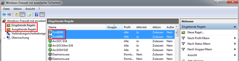 Windows-Firewall mit erweiterter Sicherheit - Aktivierte Regel öffnet Port 6080