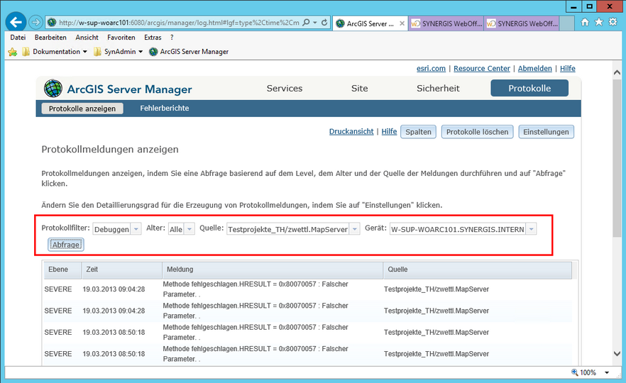 Beispiel Log zeigt Protokoll-Level Benachrichtigungen