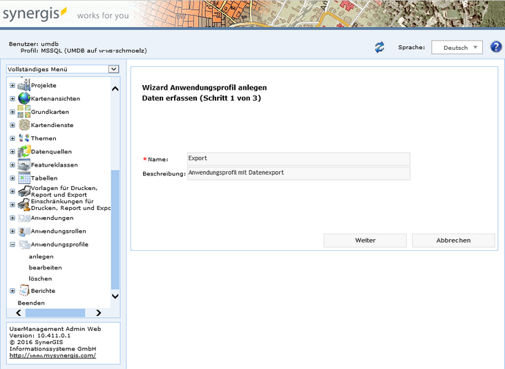 Anwendungsprofil anlegen - Schritt 1