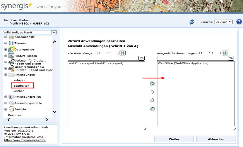 Anwendungen bearbeiten - Schritt 1 Auswahl der Anwendung