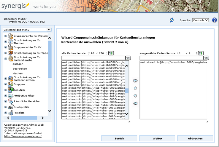 Gruppeneinschränkungen für Kartendienste anlegen - Schritt 2 Kartendienste auswählen