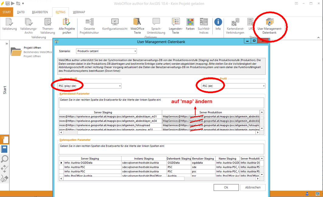 Als Staging-Profil (linke Seite) wird das Anwendungsprofil vom Vorproduktionsserver gewählt - als Produktions-Profil (rechte Seite) jenes vom Produktionsserver. Zusätzlich müssen die URLs an jene vom Produktionsserver (rechte Seite) angepasst werden.