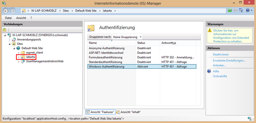 Authentifizierung des Jakarta Verzeichnisses im MS IIS Manager