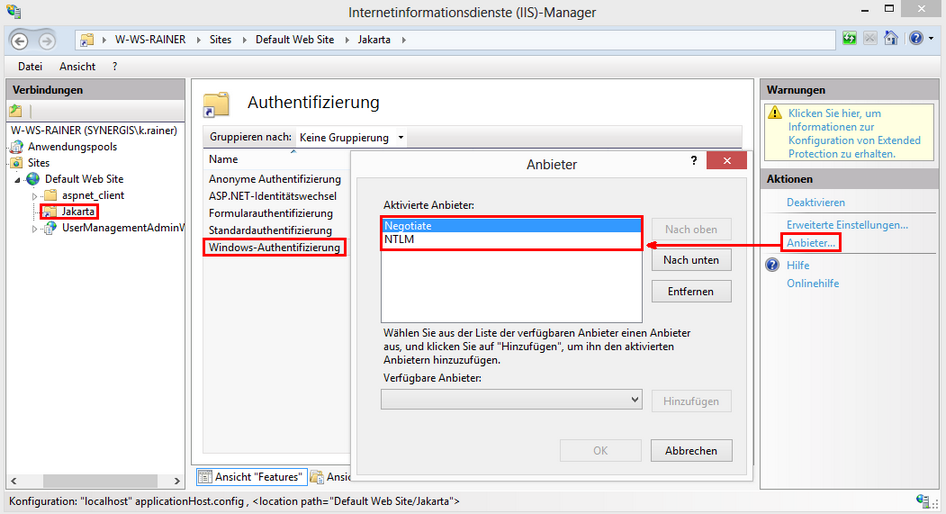 Ändern der Reihenfolge der Windows Authentifizierungsanbieter im IIS Manager