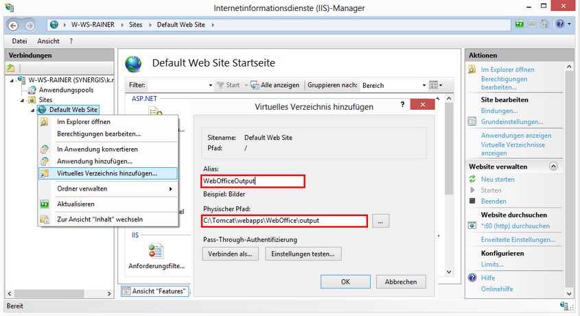 Hinzufügen eines virtuellen Verzeichnisses im MS IIS Manager