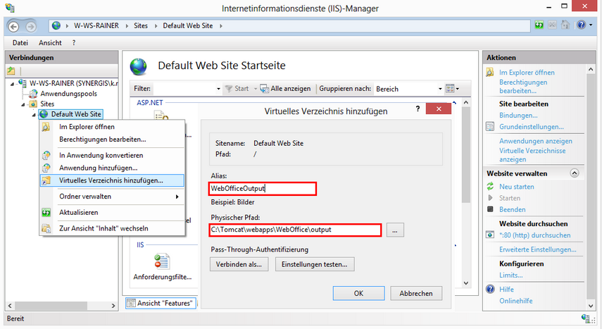 Hinzufügen eines virtuellen Verzeichnisses im MS IIS Manager