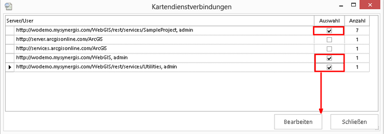 Auswahl von Kartendienstverbindungen um diese zu ändern Auswahl von Kartendienstverbindungen um diese zu ändern