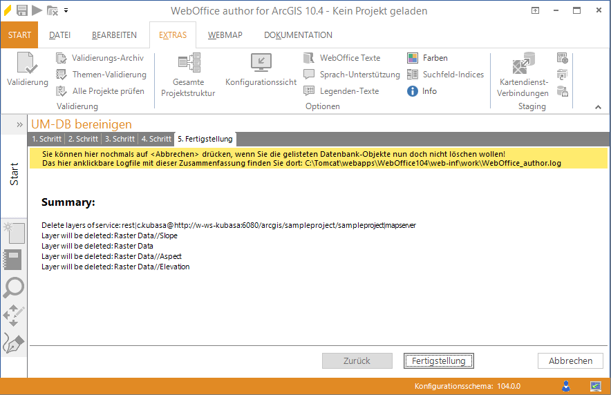 Zusammenfassung des Wizards zur Aktion "Layer des Kartendienstes prüfen und Benutzerverwaltung bereinigen"