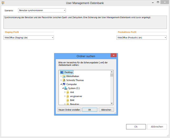 Ordner für das Backup der UMDB Datei auswählen Ordner für das Backup der UMDB Datei auswählen