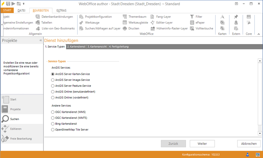 Assistent 'Kartendienst hinzufügen" - Auwahl der Kartendiensttyps und dem Verwendungszweck Assistent 'Kartendienst hinzufügen" - Auwahl der Kartendiensttyps und dem Verwendungszweck