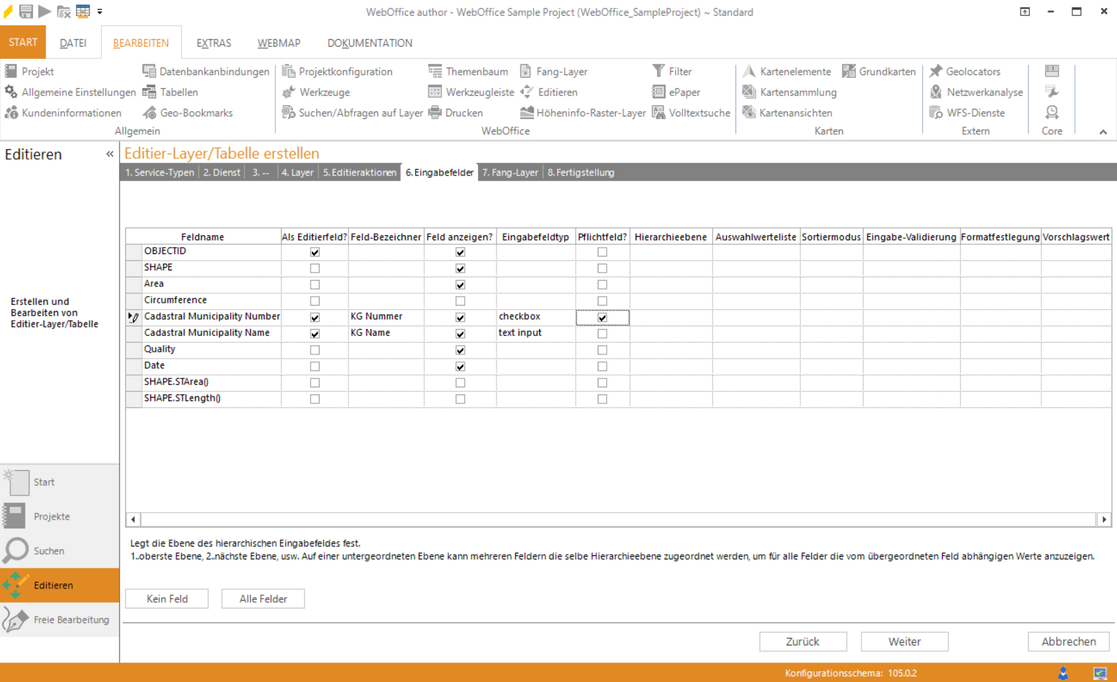 Assistent "Editier-Layer/Tabelle erstellen" - Editierfelder auswählen Assistent "Editier-Layer/Tabelle erstellen" - Editierfelder auswählen