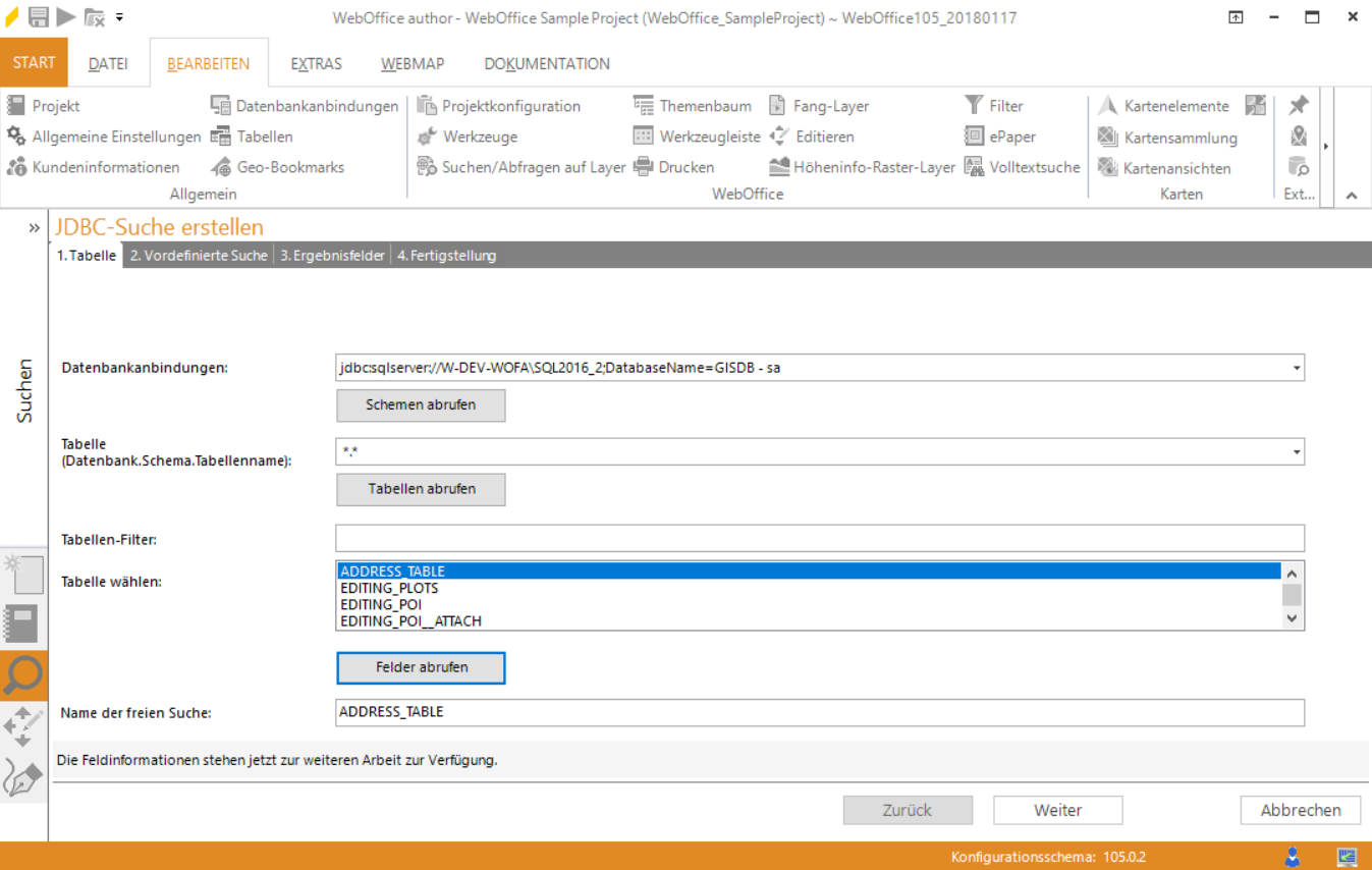 Assistenten "JDBC-Suche erstellen" - Tabelle auswählen Assistenten "JDBC-Suche erstellen" - Tabelle auswählen