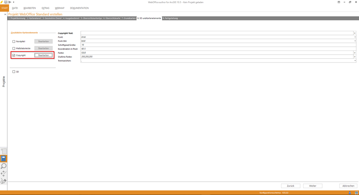 Wizard "Projekt erstellen" - Konfiguration des Copyright-Text