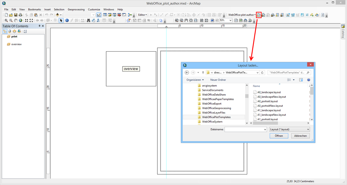 Öffnen der WebOffice_plot_author.mxd mit aktiviertem Datenrahmen "print" und der Ansicht "Layout-Ansicht" mit Einfügen einer Druckvorlage