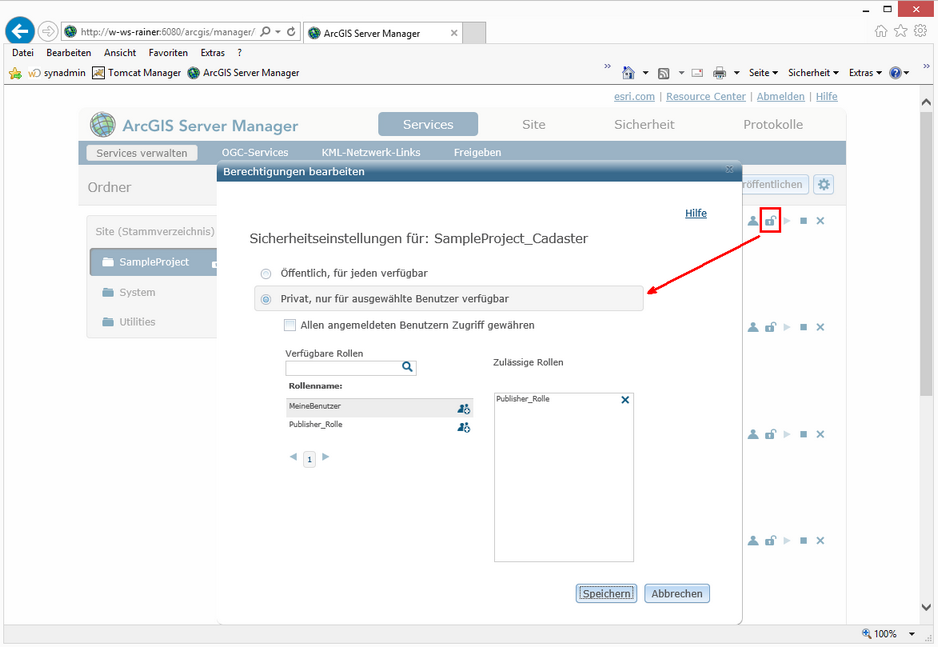 Berechtigungen für einen Kartendienst im ArcGIS Server Manager einschränken