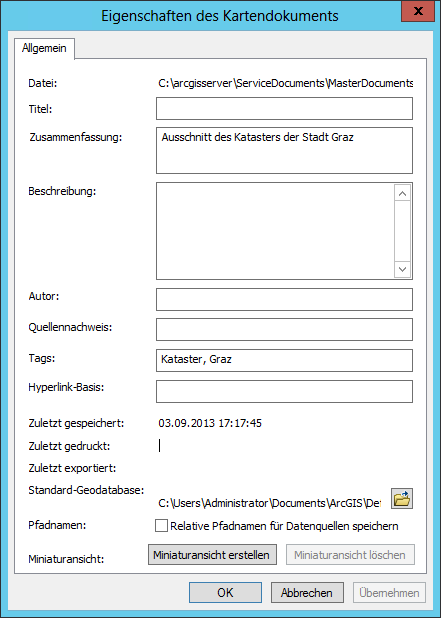 Eigenschaften des Kartendokuments - Speichern von absoluten Pfadnamen für Datenquellen