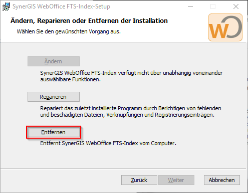 Entfernen von SynerGIS WebOffice FTS-Index