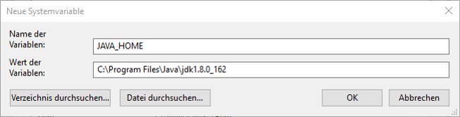 Eintragen der Systemvariable JAVA_HOME