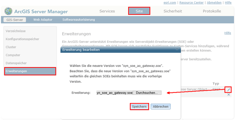 Aktualisieren der SOE im ArcGIS Server Manager Aktualisieren der SOE im ArcGIS Server Manager