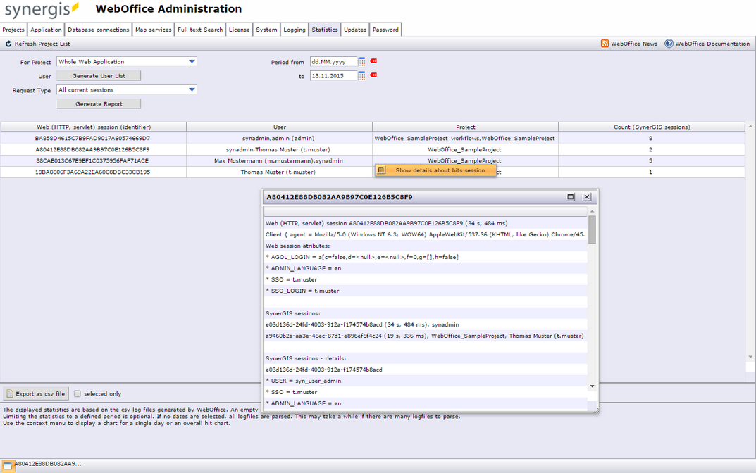 SynAdmin statistics tab - all current sessions