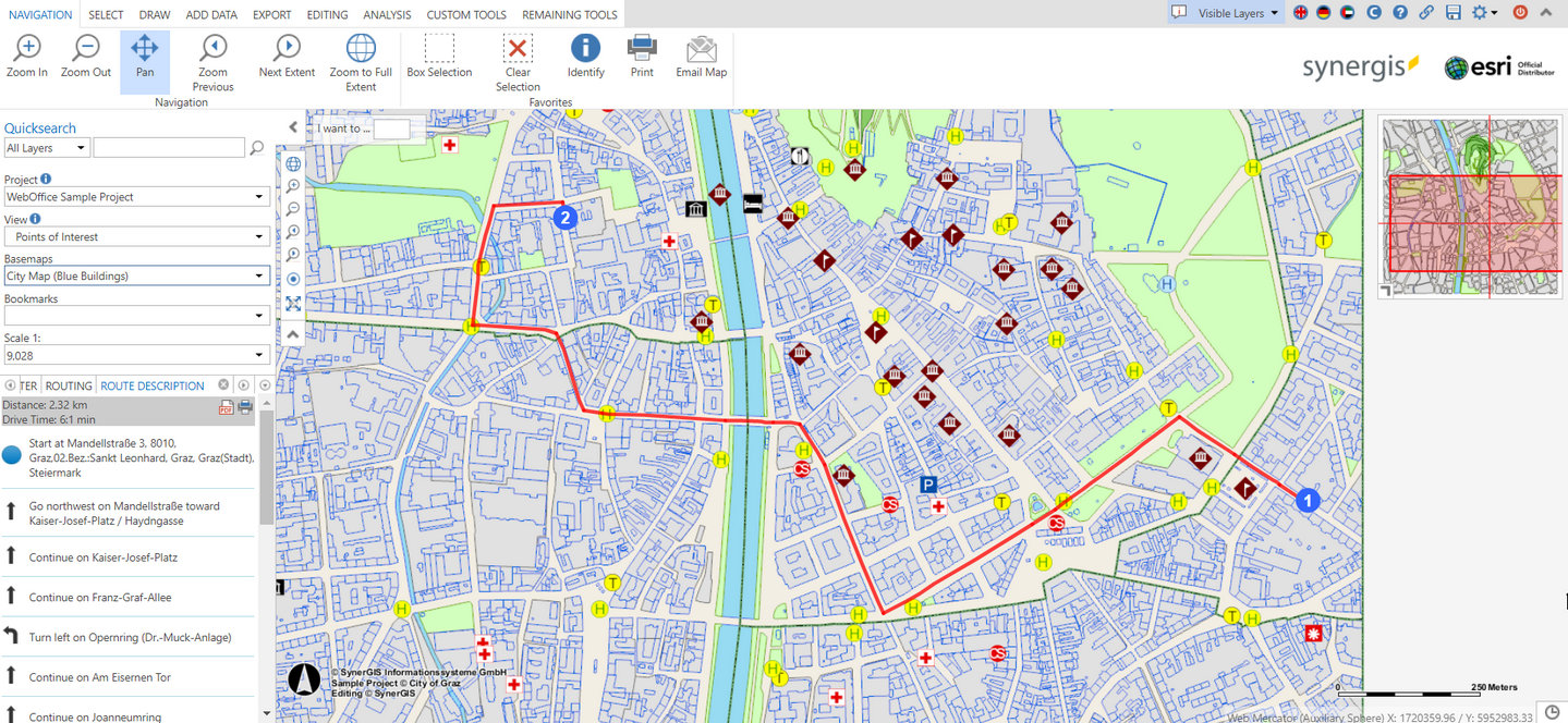 Display of the calculated route in the WebOffice core client