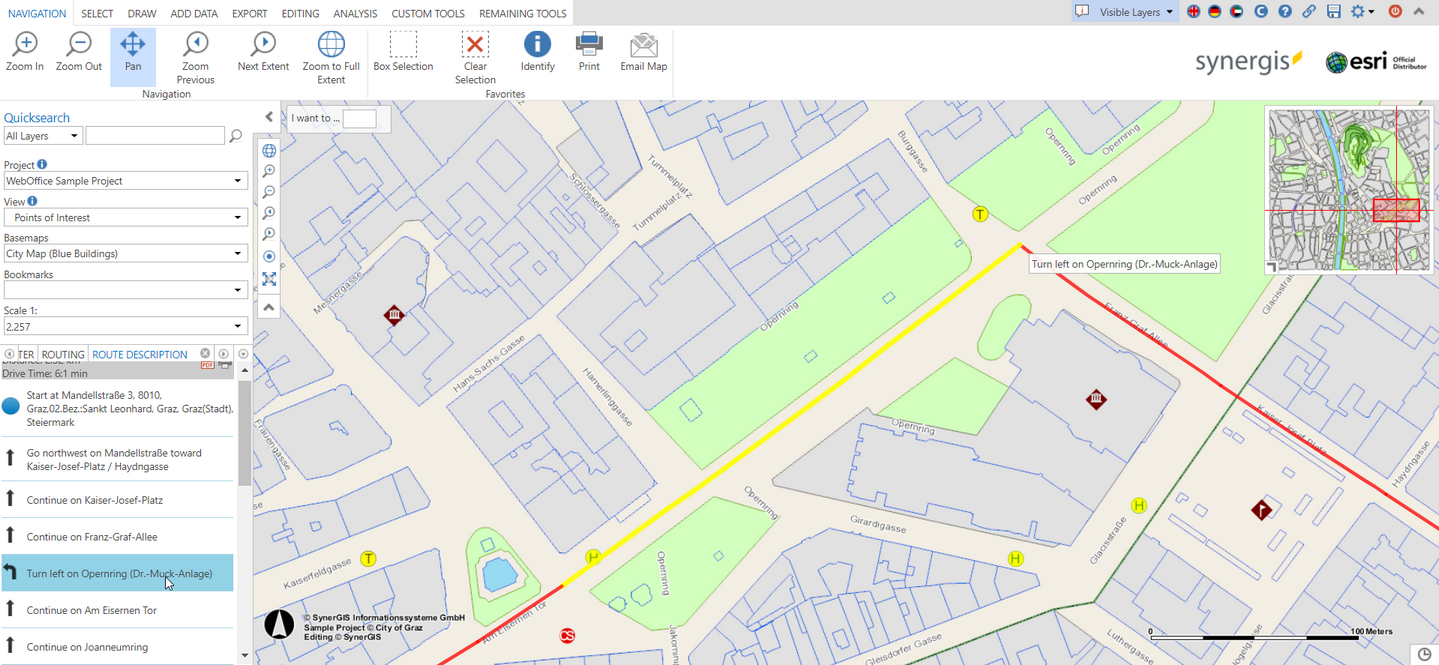 Selection of the individual route segments including description in the map area