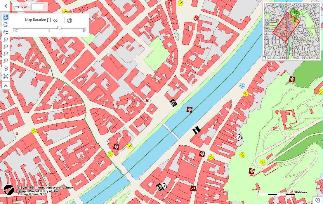 Map rotation with dynamic adjustment of the north arrow and the current display area in the overview map