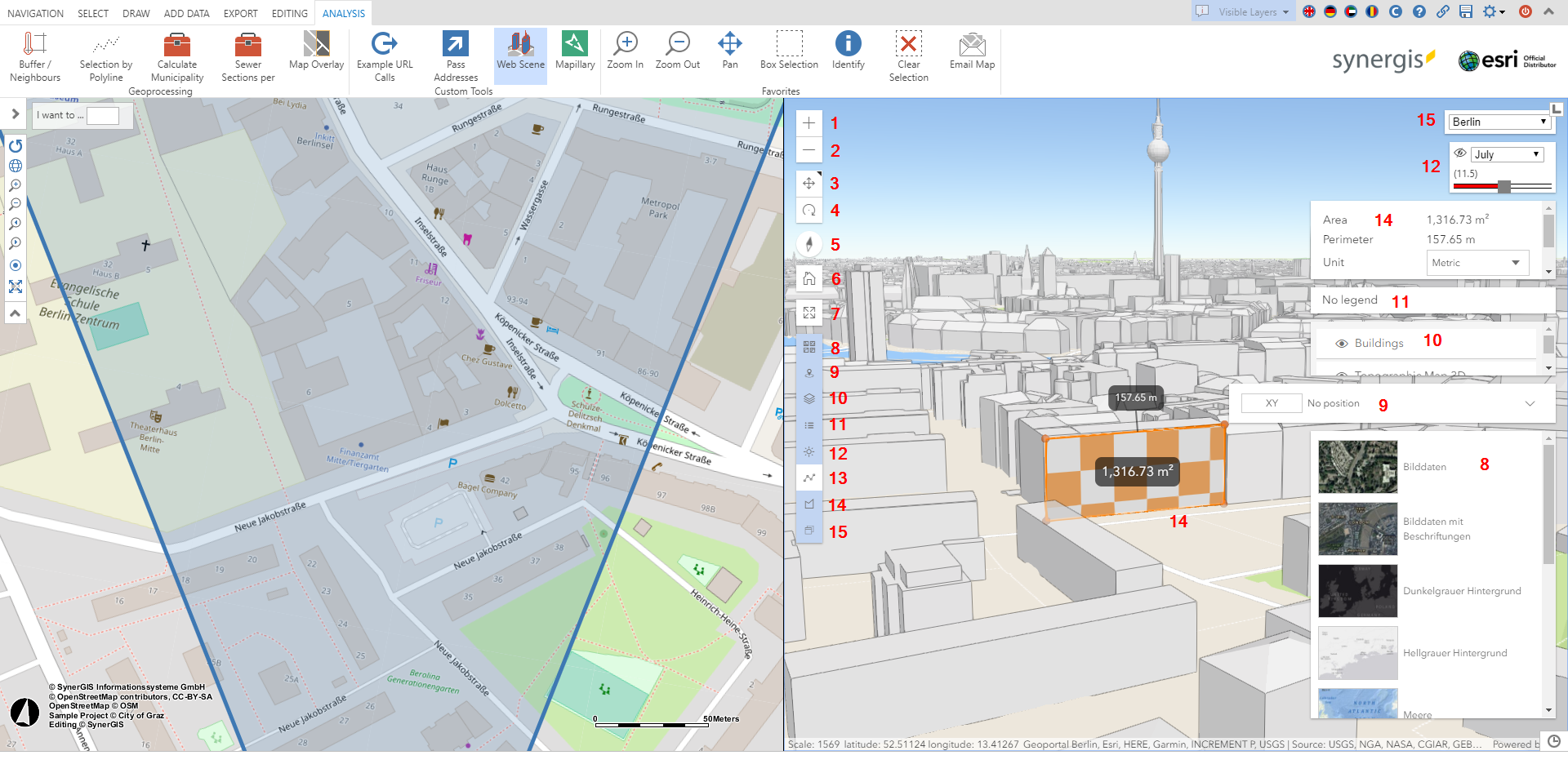 WebOffice core with Webscene  window in the right half of the main map display