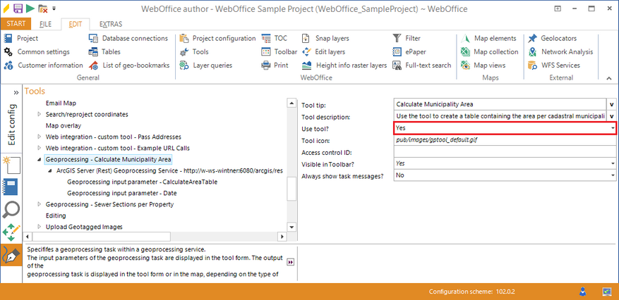 Activate the Geoprocessing - calculate municipality area tool in the WebOffice author Activate the Geoprocessing - calculate municipality area tool in the WebOffice author