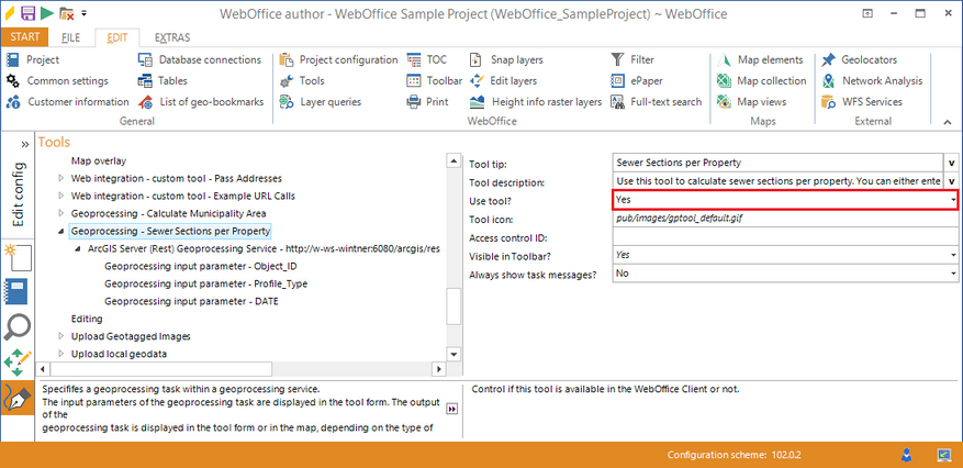 Activate the Geoprocessing - sewer sections per property tool in the WebOffice author Activate the Geoprocessing - sewer sections per property tool in the WebOffice author