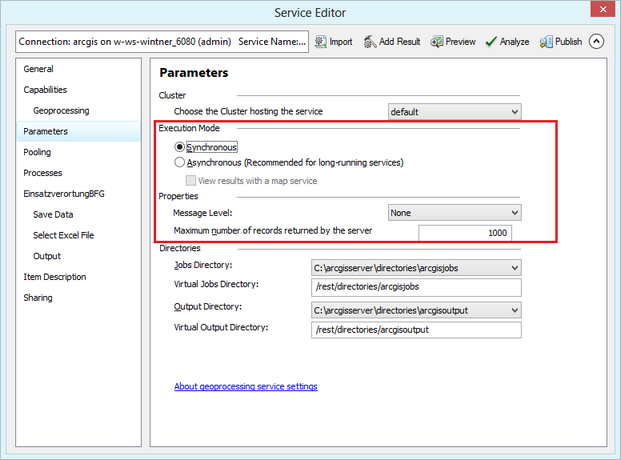 Parameter settings in the service editor