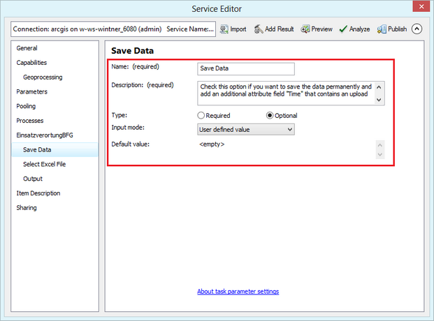 Geoprocessing task settings in the service editor