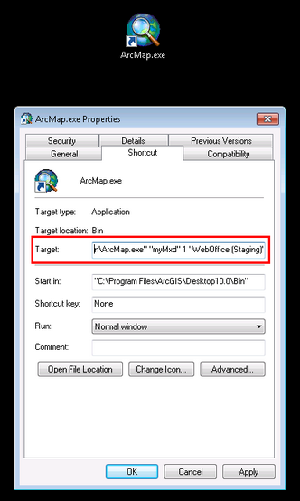 Add parameters to the target of ArcMap.exe