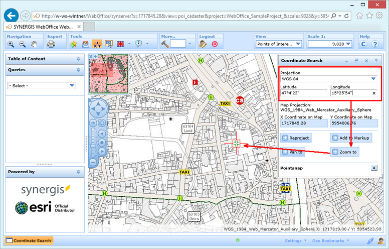 Search for and zoom to coordinates in WebOffice html client by entering coordinates