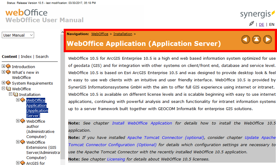 Title bar - path to chapter in the content / navigation with arrow keys possible