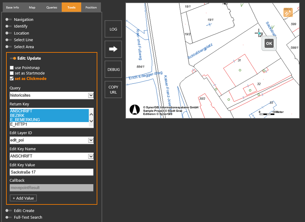 WebOffice map widget testcontainer - Edit via clickmode