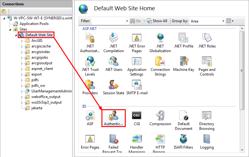 Open Authentication of Default Web Site in IIS Manager
